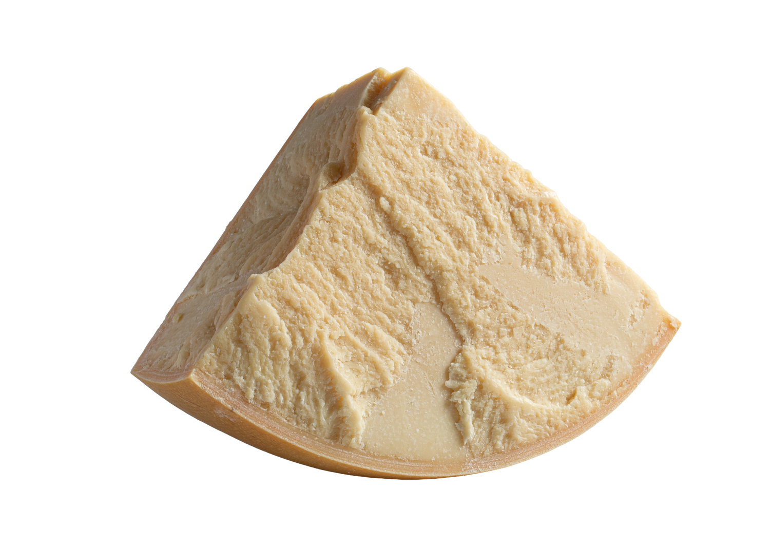 Triangle-shaped wedge of cheese on a white background