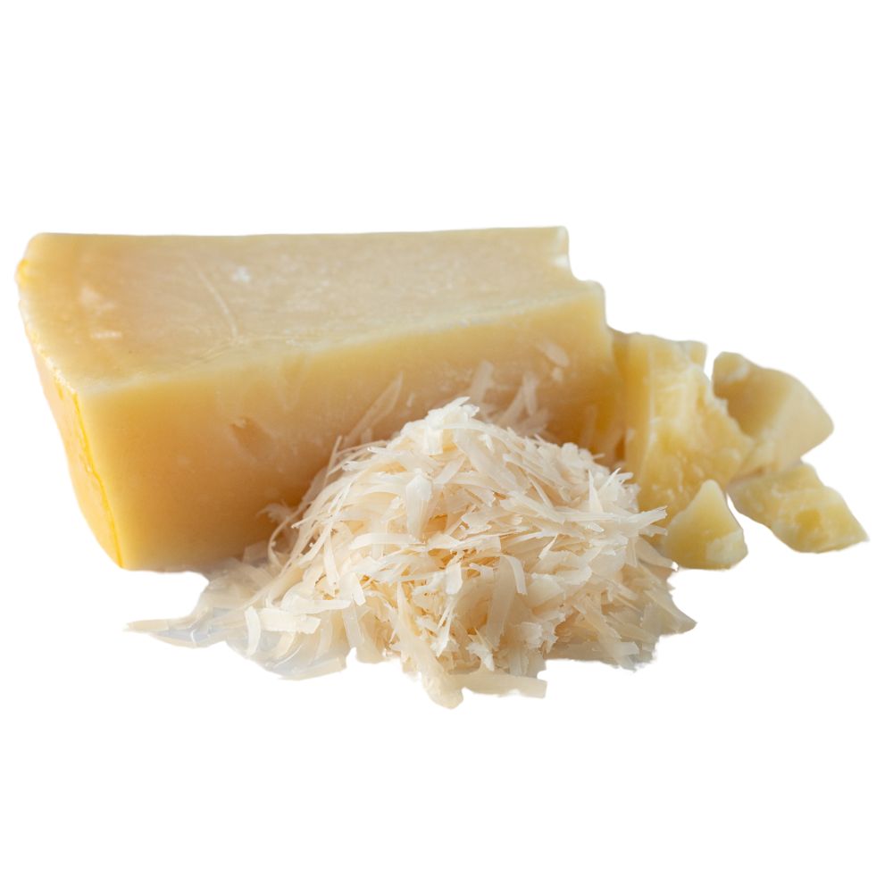 A piece of cheese displayed on highlighting its texture and color.