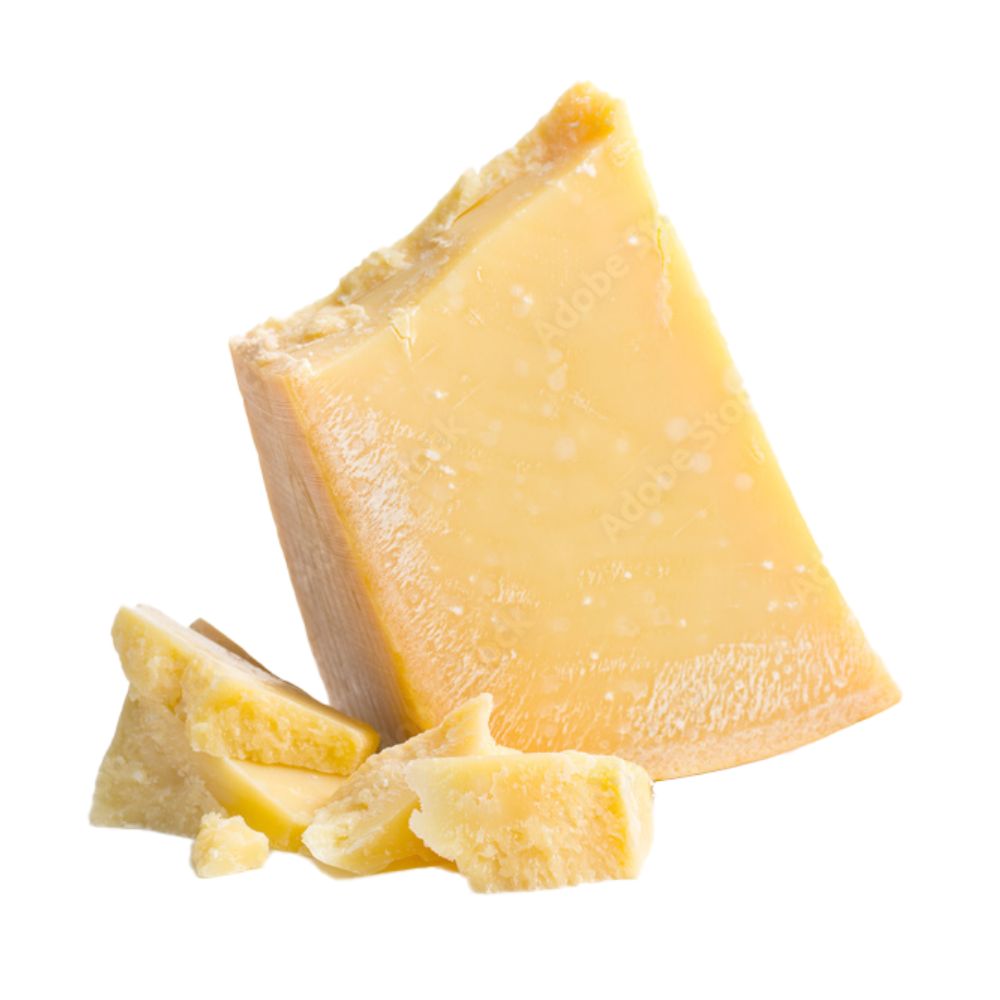 A single piece of cheese displayed on a plain white background.