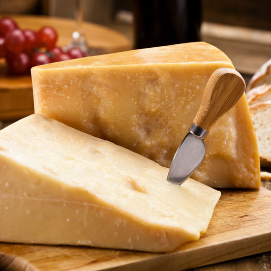 A wooden cutting board displaying an assortment of cheese slices and fresh bread, ready for serving.