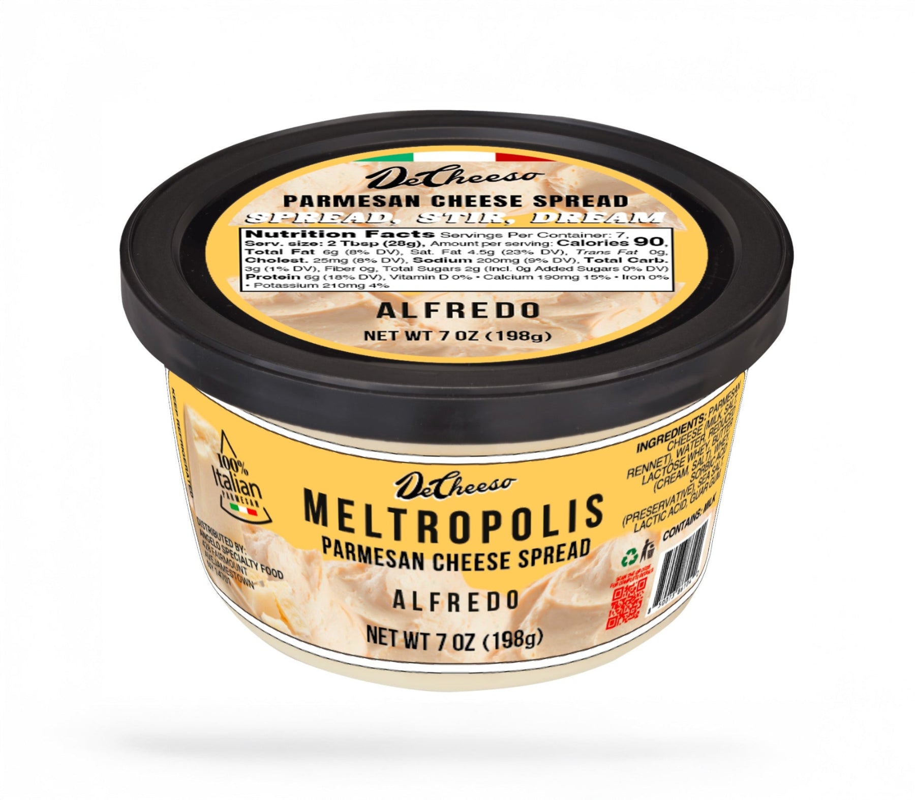 DeCheeso Meltropolis Parmesan Cheese Spread container with label on a white background