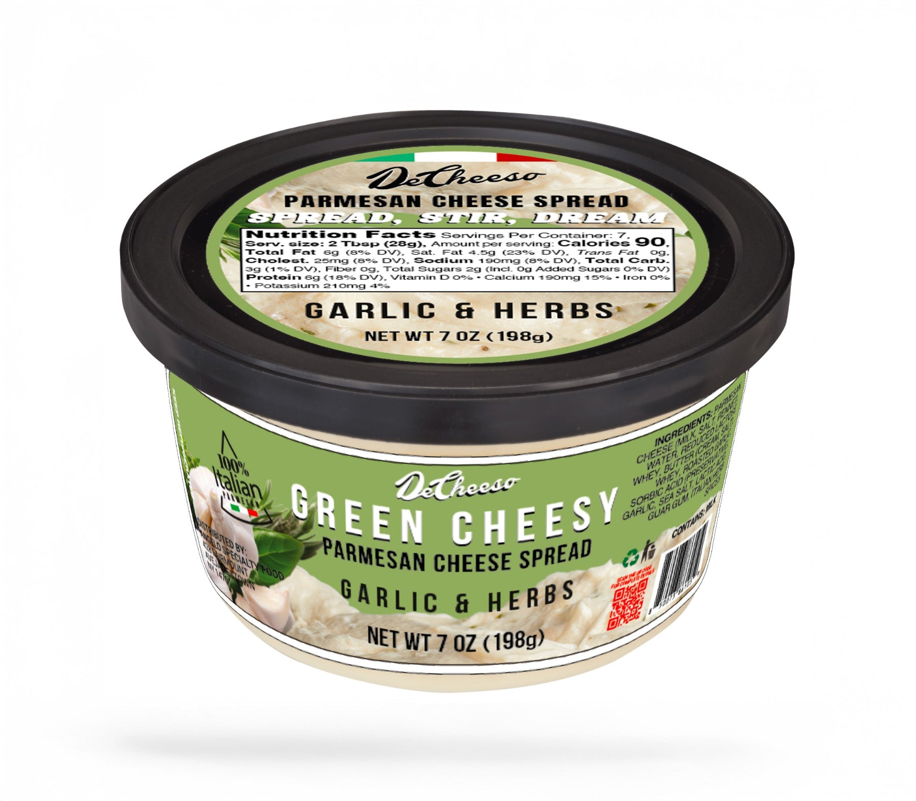 DeCheeso Green Cheesy Parmesan Cheese Spread container with garlic and herbs flavor on a white background