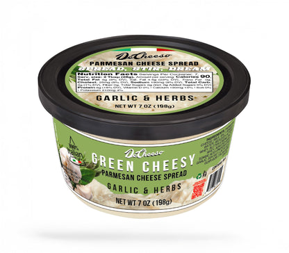 DeCheeso Green Cheesy Parmesan Cheese Spread container with garlic and herbs flavor on a white background