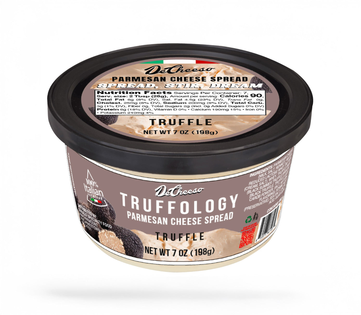 Container of DeCheeso Truffology Parmesan Cheese Spread on a white background