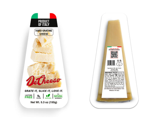 Packaged hard grating cheese with 'Dei Cheeses' branding on a white background